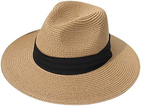 DRESHOW Women Straw Panama Hat Travel Fedora Beach Sun Hat Summer Wide Brim Straw Roll up Hat UPF 50+