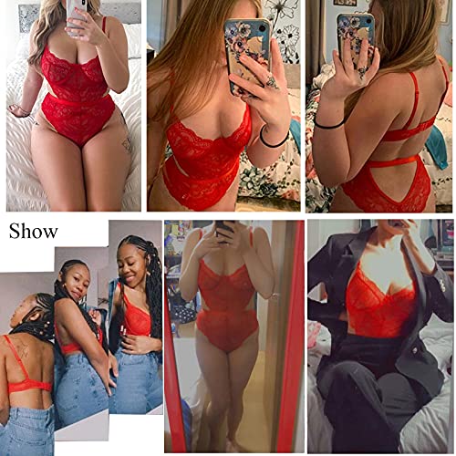 Aranmei Women Sexy Lingerie Bodysuit Lace Teddy Snap Crotch V Neck One Piece Babydoll Underwire(Red Medium) #TOP5
