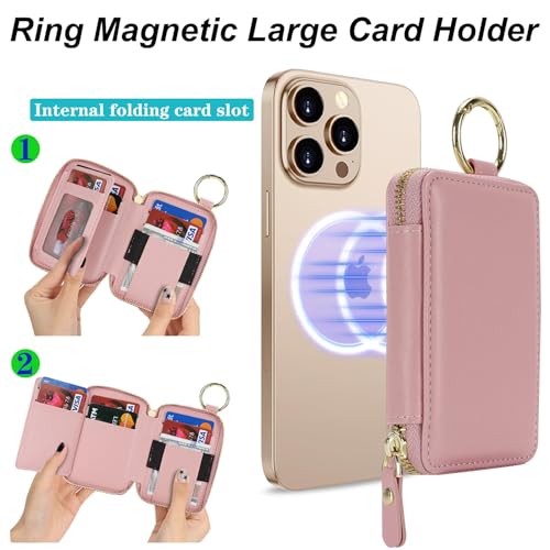 Image of Compatible with MagSafe Wallet,Magnetic Phone Wallet Card Holder for iPhone 17 /16 Pro Max /15 plus /14 Pro /13 /12 Series,PU Leather Zipper Pocket Adjustable Stand-Rose Gold