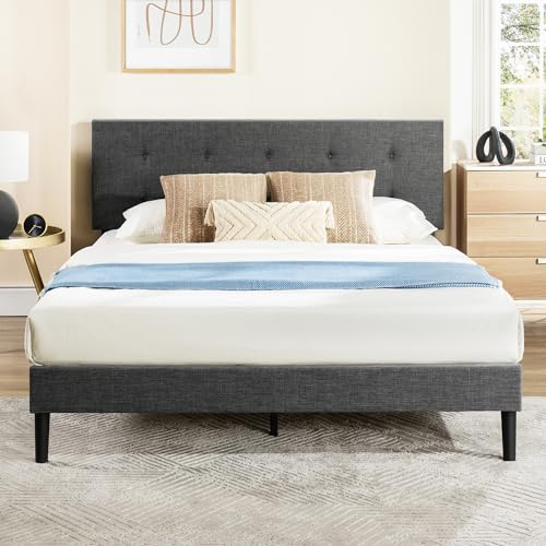 Mellow Nola Upholstered Platform Bed Frame with Button Tufted Headboard and Sustainable Bamboo Slats/No Box Spring Needed/Mattress Foundation/Easy Assembly, Dark Grey, Full