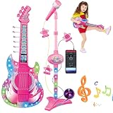 Suxdlan Guitarra y micrófono para niños, Guitarra de Juguete con música y luz, Altura Ajustable, micrófono para niños 2 en 1 con Soporte, Instrumentos de Juguete para Aprender