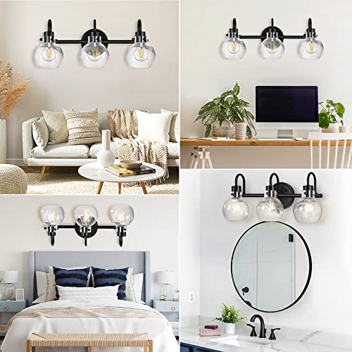 Image of Bathroom Light Fixtures, Black 3 Lights Vanity Light, Farmhouse Wall Sconces with Globe Glass Shade, Porch Wall Mount Lamp for Mirror, Kitchen, Porch Living Room Workshop (E26 Base)