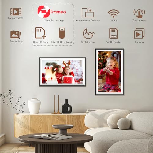 64GB FRAMEO 15,6 Zoll Digitaler Bilderrahmen -1920 * 1080P FHD IPS Touchscreen Digitale Bilderrahmen, Auto Rotation Elektronischer Fotorahmen, Teilen Sie Fotos/Videos Sofort