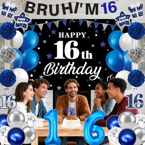 Blue Silver Black 16th Birthday Decorations for Boys Girls, Sweet 16 Party Supplies Kit Bruh I'm 16 Banner, Happy 16th Birthday Backdrop, Number 16 Balloons, Pompoms, Hanging Swirls, Cake Toppers by YYDTMHT - Used condition - Image 4