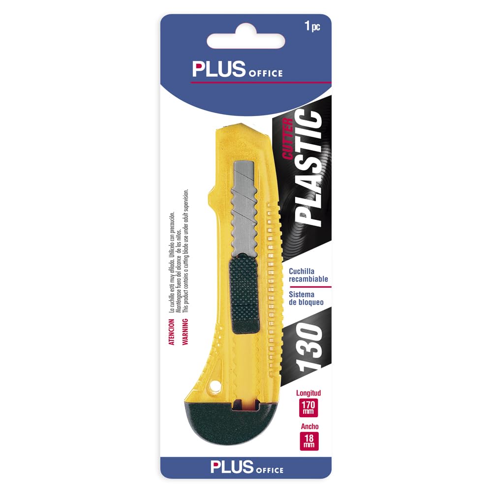 Plus Office 040052 - Taglierino Cutter 135 Mm Con Lama Da 9 Mm, Retrattile E Intercambiabile, Colore Giallo