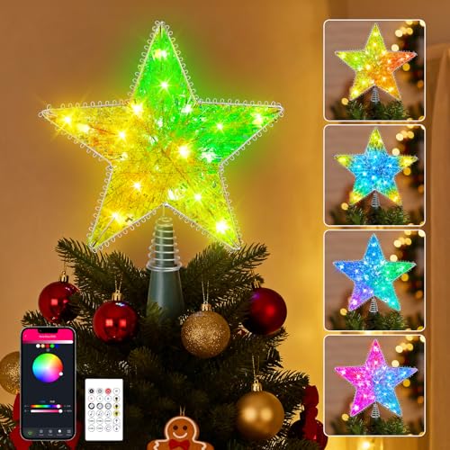 Christmas Tree Star Topper, LED Tree Decorations, UL Certified Colorful Star Tree Topper Lights for Home Garden USB Plug in Xmas Tree New Year Holiday, APP and Remote Control, DIY Dimmer(Silver)