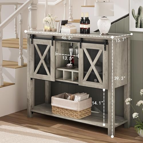 Garvee Farmhouse Wine Cabinet, Coffee Bar Sideboard Cabinet Storage, Console Table with Sliding Barn Doors, Entryway Table with Glass Rack for Kitchen Dining Room Hallway, 46.5 inches Long, Grey