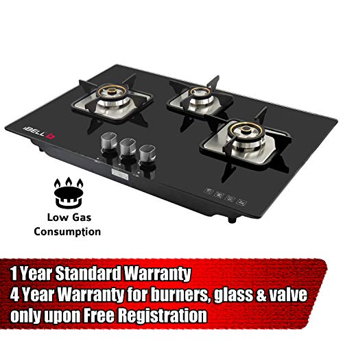 IBELL Aero3Bgh Hob 3 Burner Glass Top Gas Stove With Auto Ignition, Toughened Glass (Black