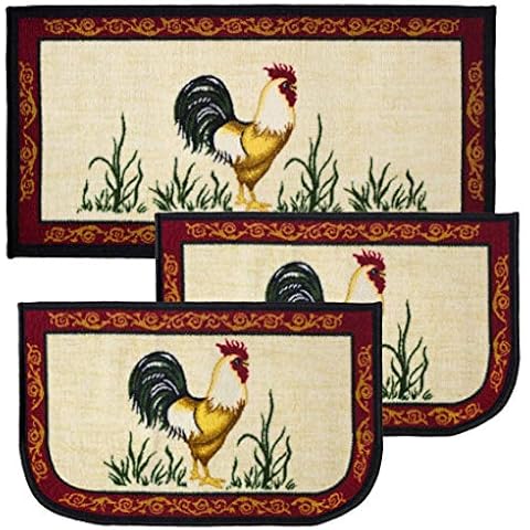 Kashi Home Kitchen Rug, Printed Area Rug, Durable Floor, Door Mat, Farmhouse Non-Slip Carpet Latex Backing Beautiful Design Dot Rooster 3pc Set (2 18x30 D Shape & 1 20x40) Cover