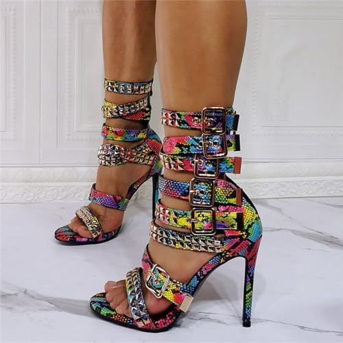 Large Size Women's Sandals with Color Matching Snake Pattern Rivets Zippered Back Nightclub High Heels2