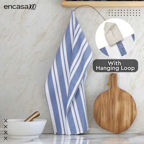 Image of Encasa XO Kitchen Towels Cotton Pack of 4 | 70x45 cm, Franca Blue Stripes - Dish Cloths | Highly Absorbent Cleaning & Wiping Cloths for Kitchen | Reusable Tea Towels