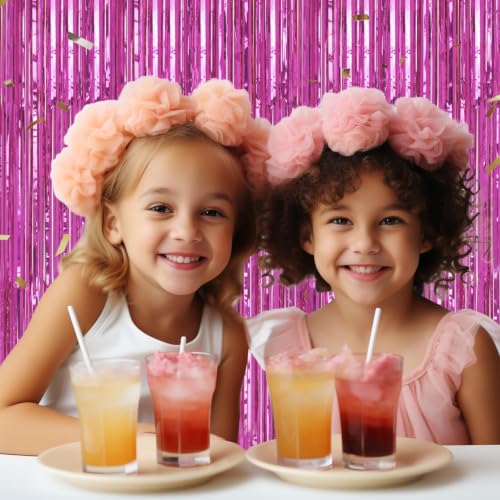 Image of DECOCKRAT 3 Pack Foil Fringe Backdrop - Hot Pink Shiny Tinsel Curtains for Party Decoration /Photo Booth Props - 3.3x8.2 FT Metallic Foil Backdrop for Birthday, Wedding, Graduation, Christmas.