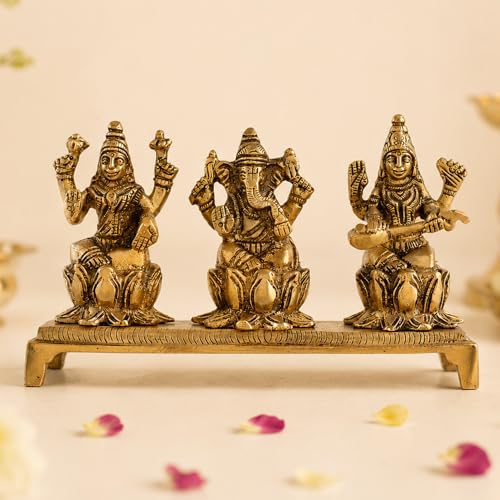 Estatua de Laxmi Ganesh Saraswati de bronce 5.5 in miniatura 1
