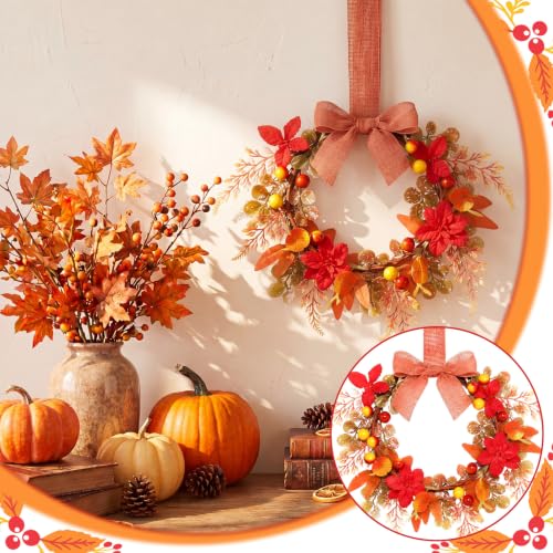 Image of Dingion 6 Pcs 6 inch Fall Mini Cabinet Wreaths for Kitchen with Ribbon Bows Ribbon Leaves Berries Flower Fall Artificial Wreath Small Window Decorative Garland for Autumn Thanksgiving Farmhouse Decoration