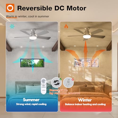 Image of addlon Ceiling Fans with Lights, 42 Inch Low Profile Ceiling Fan with Light and Remote Control, Flush Mount, Reversible, 3CCT, Dimmable, Quiet, Silver Small Ceiling Fan for Bedroom Indoor /Outdoor Use