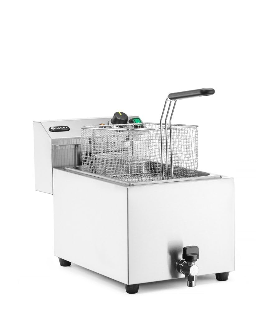 HENDI Fritteuse, mit Ablasshahn, Friteuse, Fritöse, einstellbar bis 190°C, Kaltzone, mit Frittierkorb und Deckel, 10L, 400V, 6600W, 302x687x(H)375mm, Edelstahl