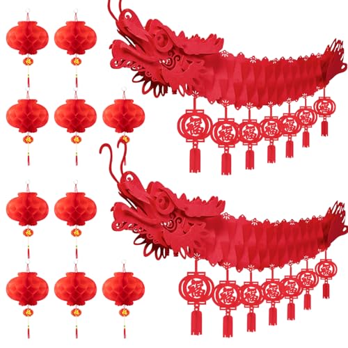 Peywot 3D Chinese New Year Dragon Ceiling Decorations, Chinese Dragon Decoration with 2 Chinese Dragon and 10 Chinese Lanterns for Lunar New Year Decorations 2025 Chinese Spring Festival Party
