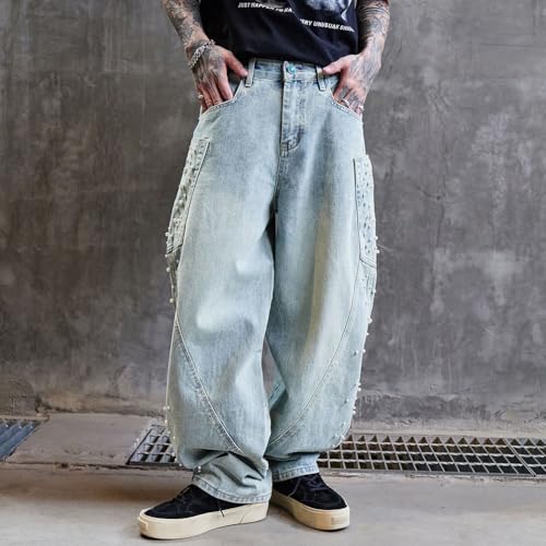 Men Baggy Pearl Jeans Casual Wide Leg Denim Pants Streetwear4