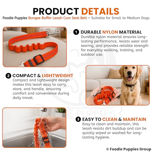 Image of Foodie Puppies 3-in-1 Reflective Dog Car Safety Harness Leash with Adjustable Bungee Seat Belt Strap, 360 Swivel Carabiner & Quick Release Buckle for Safe Car Travel, Walking (Colour May Vary)