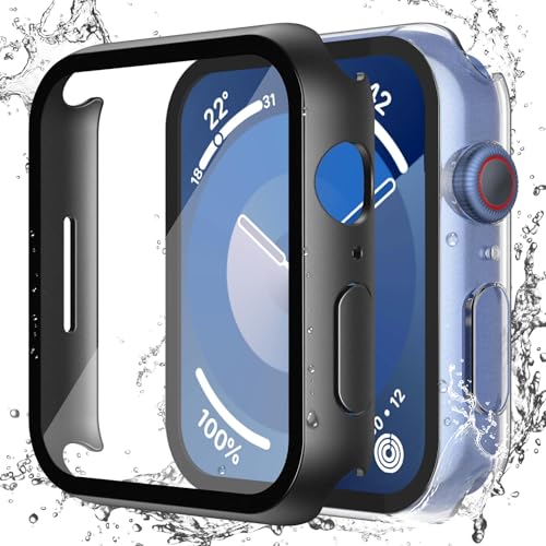 Image of Misxi [2 Pack] Waterproof Case with Button Designed for Apple Watch Series 9 (2023), 8, 7 41mm, Hard PC Cover with Tempered Glass Screen Protector for iWatch, 1 Black + 1 Transparent