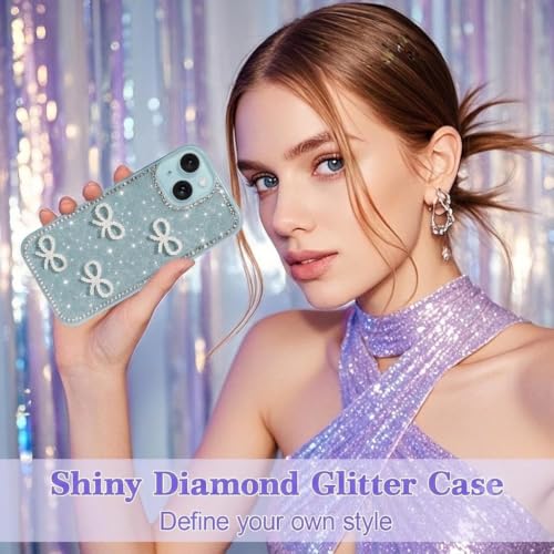 Image of DIZORO Compatible for iPhone 13 / iPhone 14 Cover 6.1, Luxury Diamond Cute with Bow Glitter Bling Case with Full Camera Protection PC+TPU Glossy Shiny Back Cover Case for Girls Women (Green)
