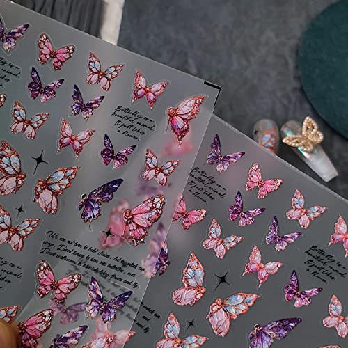 Butterfly Nail Art Stickers Decals, 5D Butterfly Nail Stickers for Nail Art, Acrylic Engraved Nail Decals 5D Relief Pink Butterflies Letter Adhesive Sliders Wraps for Women Nail Art Decoration