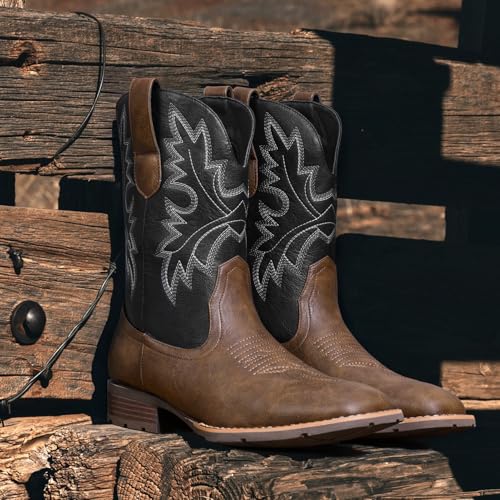 Image of Lumeheel Cowboy Boots for Men - Western Men's Boots with Classic Embroidered, Slip on Square Toe Boots, Slip Resistant Country Boots Chunky Heel Ankle, Durable Short Boots for Spring Fall
