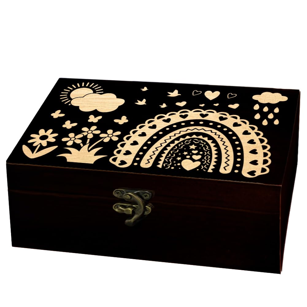 arricraft 1 Pc Wooden Keepsake Storage Box, Rainbow Flower Sun Clouds Raindrops Pattern Rectangle Pine Tarot Card Box for Anniversary Jewelry Board Storage 24x14x9cm (9.45x5.51x3.54 inches) — image 1