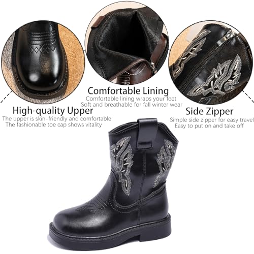 Girls Embroidery Leather Western Cowboy Ankle Boots with Side Zipper Retro Comfortable Round Toe Low Heel Cowgirl Boots Little Kid/Big Kid3