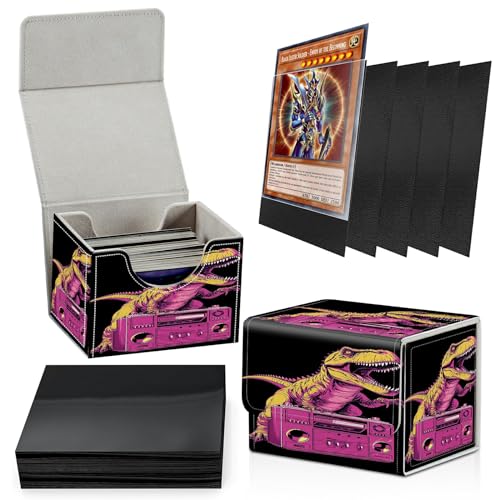 Card Deck Box Plus 100 Counts Matte Black Card Sleeves, Dinosaur Radio for Collectible MTG TCG CCG Card Storage Box Horizontal Holds 100+ Single Sleeved Cards, Leather Game Card Box Organizer