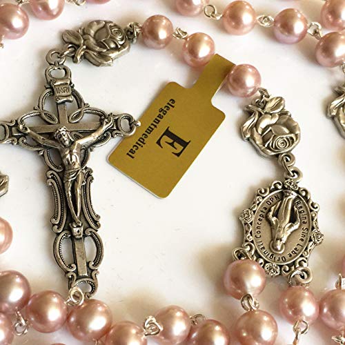 elegantmedical CATHOLIC AAA 8-9mm REAL PEARL Pearls SILVER ROSE BEADS ROSARY CROSS NECKLACE BOX3