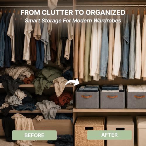 Image of DALUCI 3 Pcs Wardrobe Organizer for Clothes - Foldable Fabric Storage Box with Metal Frame | Storage Basket for Almirah, Cupboard, Jeans & Sweaters (Grey)