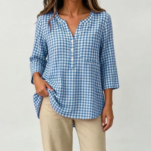 Plaid Shirts for Women V Neck Henley 3/4 Sleeve Henley Gingham Tops - image 4