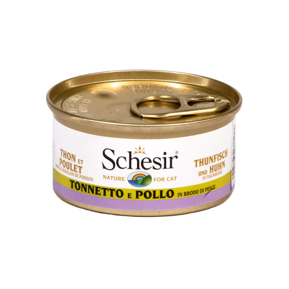 Schesir, Cibo Umido per Gatti Adulti Tonno con Pollo, in Brodo - (24 Lattine da 70g)