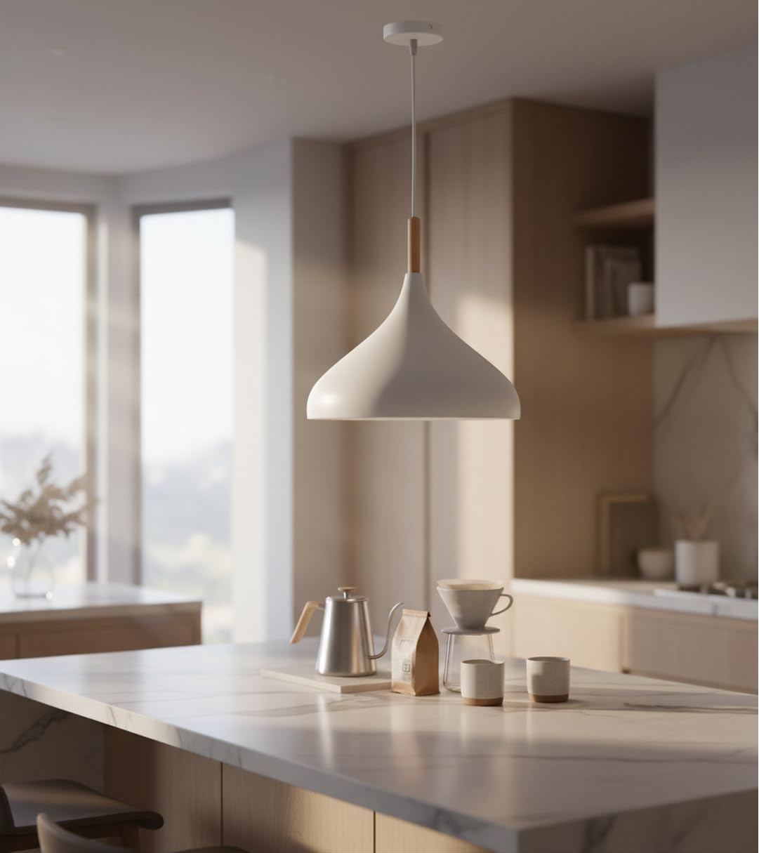 BEL AIR HOME - Lámpara Colgante Baviera - 1xE-27 (BOMBILLA NO INCLUIDA) - Diámetro 30 cm de Metal y Madera - Altura Ajustable (BLANCO)