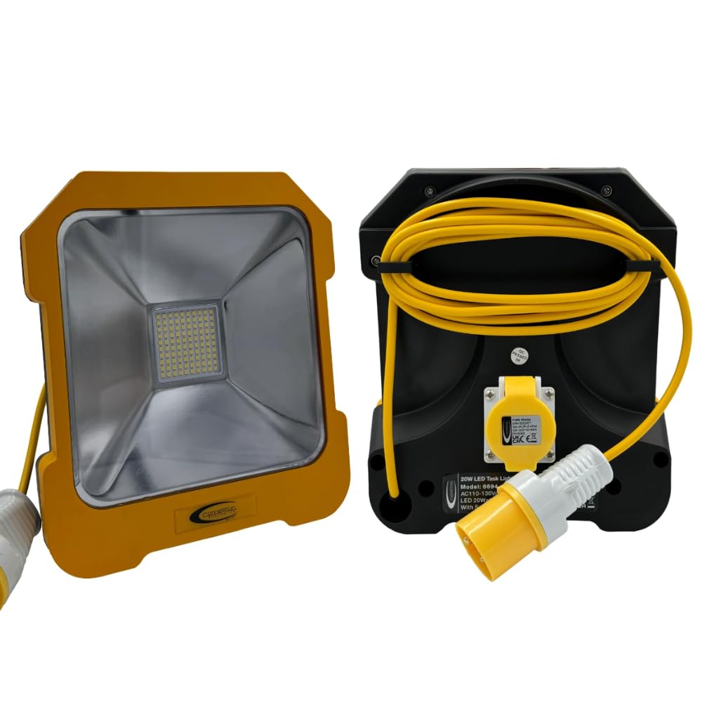 110V 20W LED Task Light with Power Take Off and Linkable Up to 15 Units, 2000 Lumens, 3m Cable, 16A Plug – Heavy Duty Construction Site Work Light, Outdoor LED Worklight