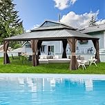 Domi 14x24FT Hardtop Gazebo with Netting & Curtains, Outdoor Aluminum Frame Gazebo with Galvanized Steel Double Roof, Outdoor Permanent Metal Pavilion for Patio Deck Lawn and Garden, Dark Brown