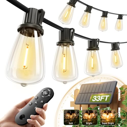 Image of addlon 33(27+6) FT Solar String Lights Waterproof,Patio Light Solar Powered with Remote& USB Port 9+1 LED Shatterproof Bulbs 3 Lighting Modes Outdoor for Camping Backyard Garden