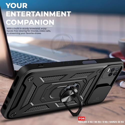 Image of AESTMO Tough Armor Compatible with Realme 9 5G / 8 / 8S / Narzo 30 5G Bumper Back Case Cover | Ring Holder & Sliding Camera Shield Cover | 360 Degree Protection Back Case Cover (Black)