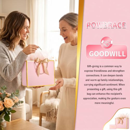 Image of Powbrace 13 inch Medium Pink Gift Bag Set with Handle - 2 Bags Featuring Bows, 4 Tissues, and 2 Greeting Cards for Wedding, Baby Shower, Father's Day, Mother's Day, Birthday Party