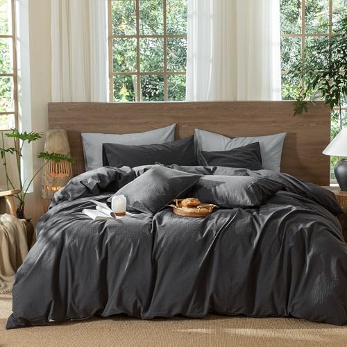 Image of MooMee Wavy Striped Duvet Cover Set 100% Washed Cotton Linen Like Textured Breathable Durable Soft Comfy (Charocal Grey, Twin 68 inchx90 inch)