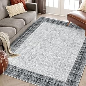 GarveeHome 8×10 Area Rug for Living Room Dining Room Non-Slip Low Pile Stain-Resistant Carpet Machine Washable Easy-Clean Rugs Plaid Bordered Pastoral Area Rug for Bedroom Baby Room Grey