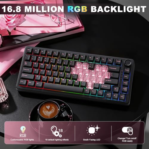 Image of YUNZII B75 PRO Wireless Mechanical Keyboard,75% Layout with Knob,Hot Swap Gasket Structure,Creamy Pre-lubed Switches,RGB Backlit,Bluetooth /Type-C /2.4G for Win /Mac (Black Heart, Cocoa Cream V2 Switch)