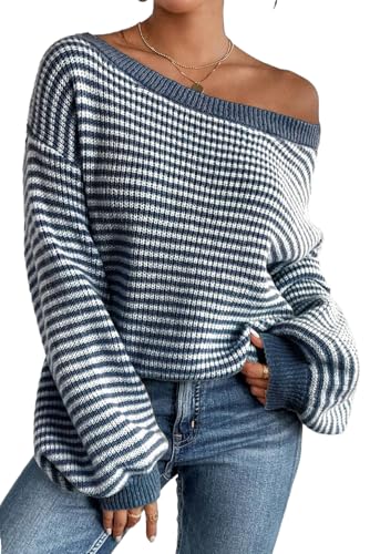 Chic and Cozy Sweater with Lantern Sleeves - Sail Blue Striped Pattern