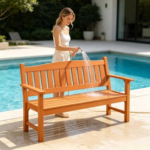 Image of Psilvam 3-Person Poly Lumber Outdoor Bench Weatherproof, 800 Lbs, Orange