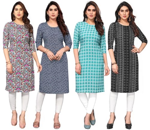 Image of JAKHANA Women's Crepe Printed Casual Straight Calf Length Round Nick Kurta Pack of 4