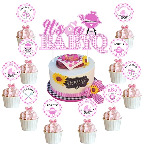 Bbq Baby Shower Decorations Girl - 25 Pcs Babyq Baby Shower Cake Cupcake Toppers, It's a Baby Q Party Decorations Cake Topper for Barbecue Picnic Theme Baby Shower Decorations Pink