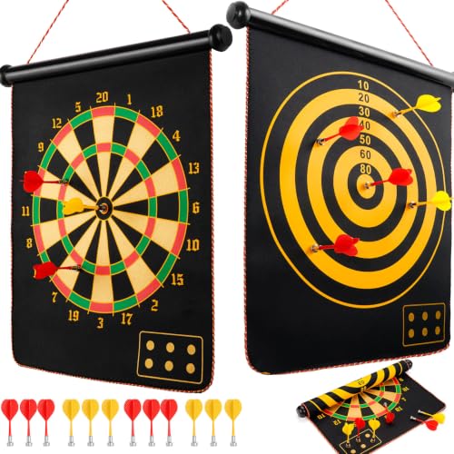 Magnetic Dart Board for Kids, Teens, Adults, Double-Sided Roll-Up Dart Board Games for Kids Age 3-18 with 12 Magnetic Darts, Indoor Outdoor Boys Toys for Backyard, Gifts for Teen Boys (Black+Yellow)
