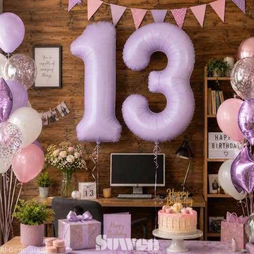 Image of SUWEN 40 Inch Light Purple Lavender Big 13 Balloon Number Foil Helium 0-9 | 13th Large Giant Birthday Huge Mylar Jumbo Happy Party 31 Anniversary Decorations