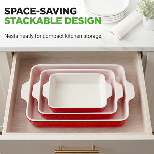 NutriChef 3-Piece Ceramic Casserole Dish for Oven - Premium Lasagna Baking Pans w/ Nonstick Coating & Built-In Handles - Dishwasher & Microwave Safe - 14" x 8", 10" x 6", 7" x 5" - Red - Image 4